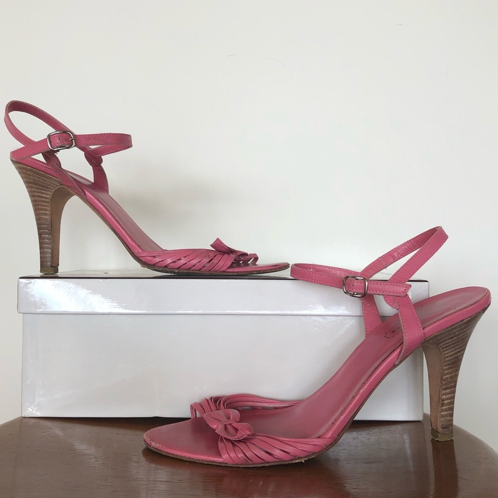 Coach A3472 Pink Joelle Kid Leather Strappy Heels with Bow Detail (Size 7.5)